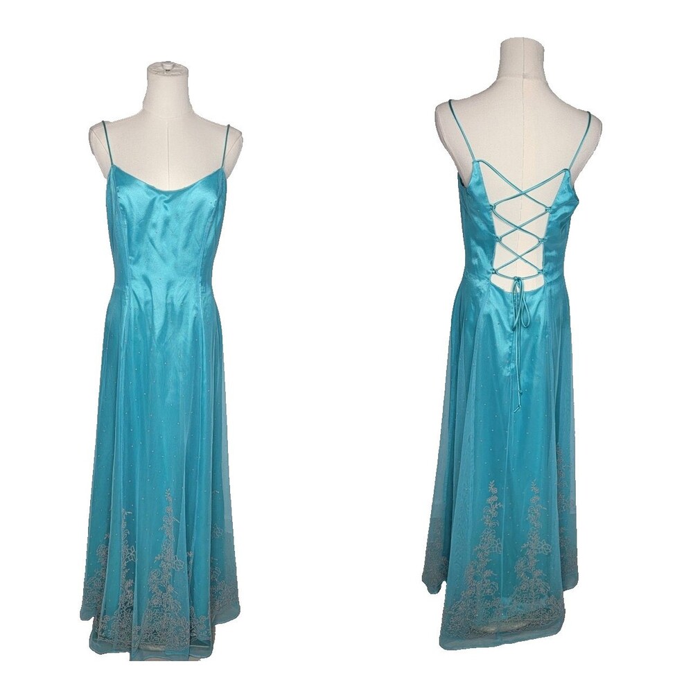 Vintage Morgan Co Prom Dress Maxi Gown 13/14 Y2K Fairy Corset Mesh Overlay Glitt